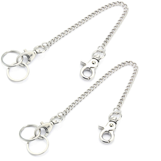 Wallet Chain 2 Pack 8" — Heavy Duty Pocket Keychain Lobster Clasp & Key Rings for Jeans & Belt, Silver