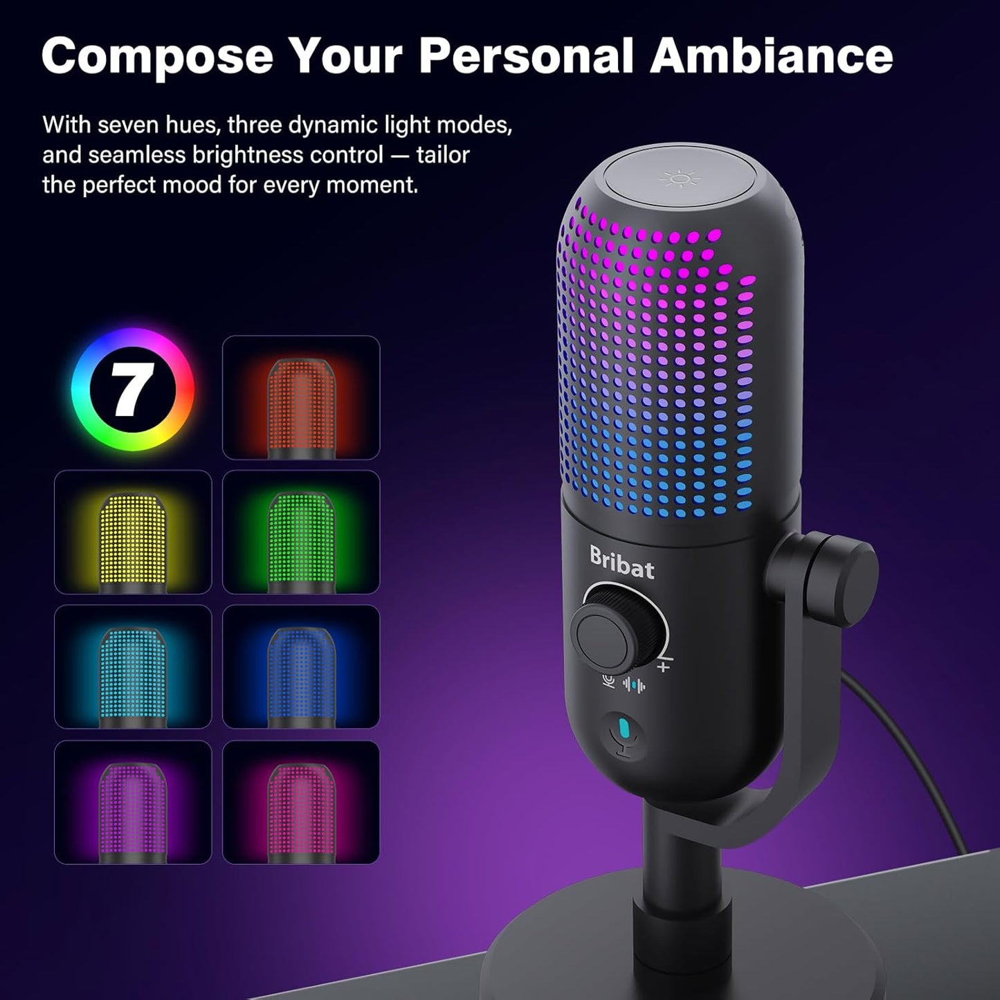 USB Condenser Microphone for PC Gaming,Streaming&Podcast,Plug & Play RGB Desktop Mic with One-Touch Mute,Cardioid Noise-Canceling Computer Mic for Twitch,YouTube,Recording on PC & Laptop(Black)