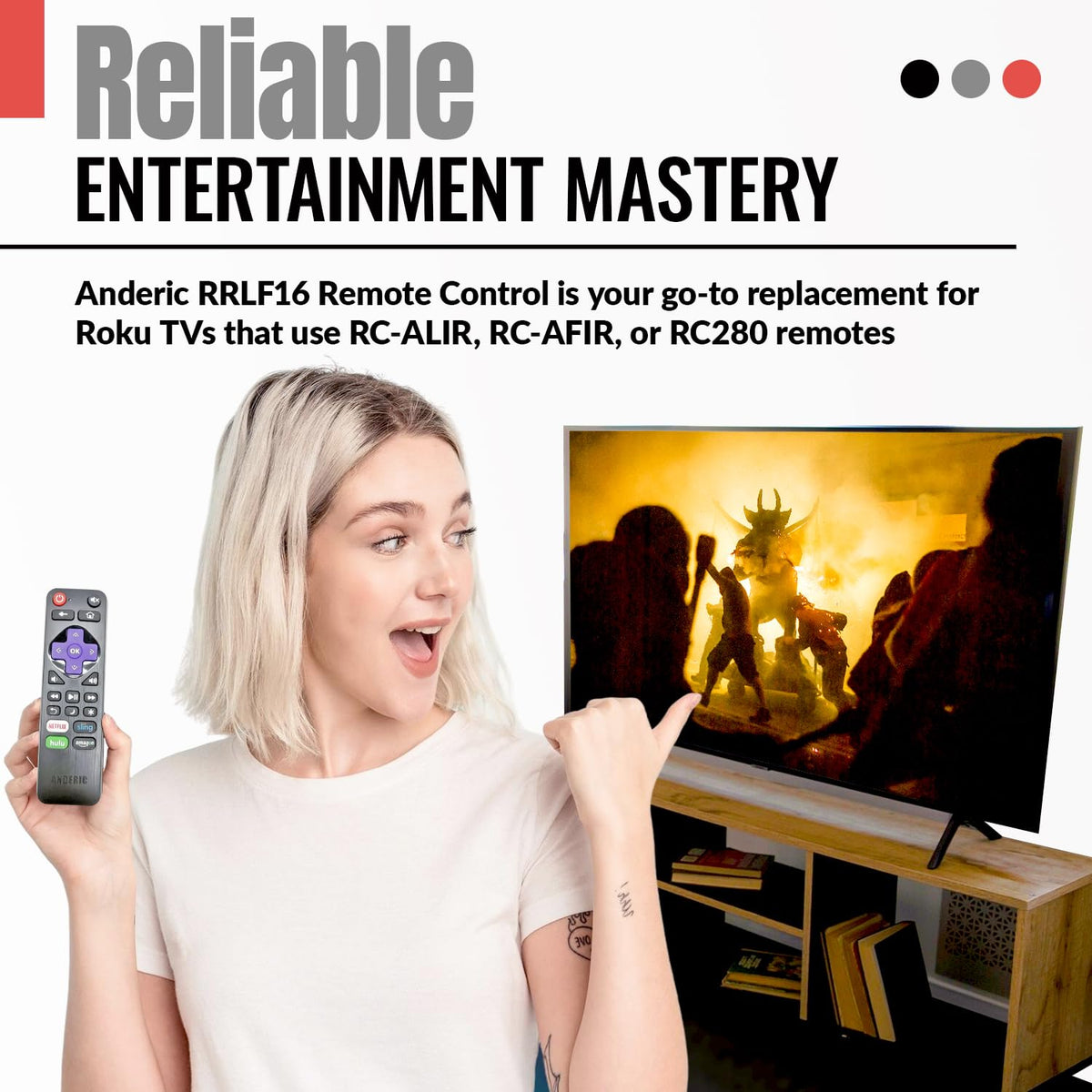 Anderic RRLF16 Replacement Remote Control for Roku TVs such as ONN, Hisense, Philips, TCL, RC-AFIR, RC-ALIR, RC280