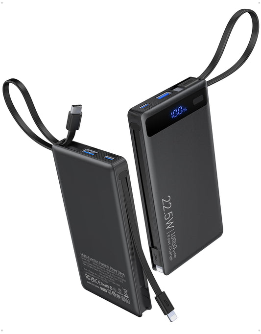 10000mAh Slim Power Bank w/ Built-In Cables – 22.5W PD Fast Charger for iPhone & Samsung