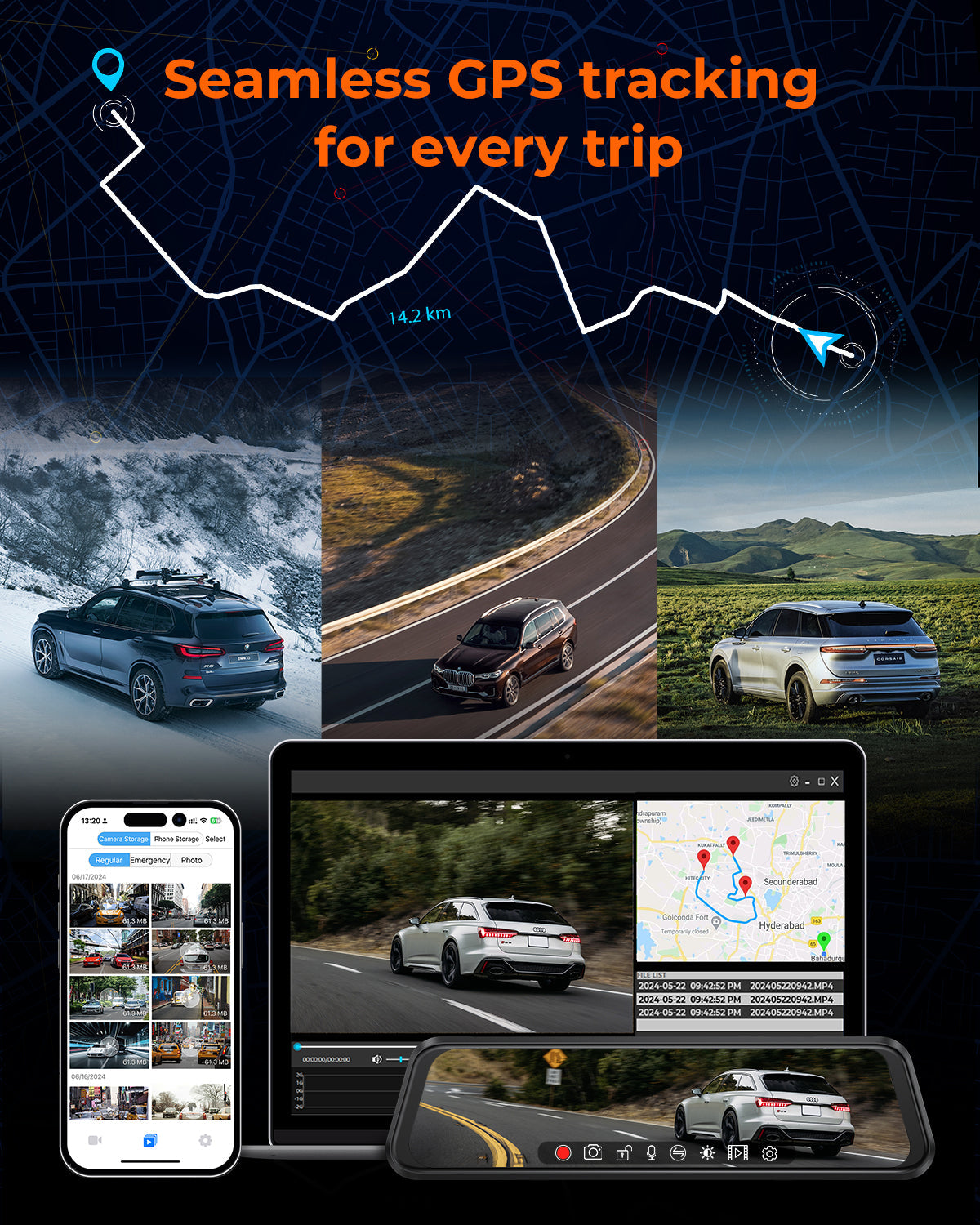 M4 Quad Mirror Dash Cam with 1080P Front+Rear+Left/Right Side Cameras, 12"IPS Touchscreen