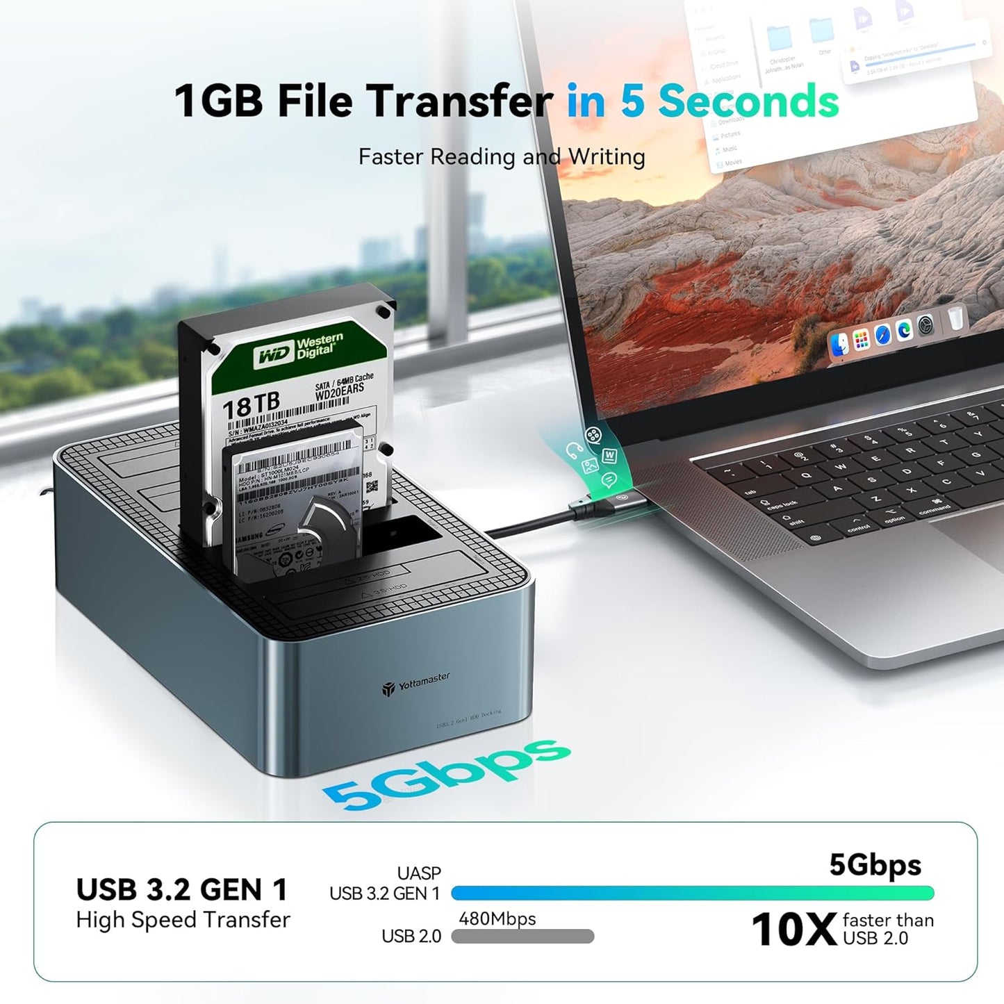 Yottamaster 5 Bay Hard Drive Docking Station Aluminum for 2.5''/3.5'' SATA SSD/HDD, USB 3.2 Gen1 Hard Drive Cloner Duplicator, Supports UASP and Up to 90TB (5x18TB) for 1-to-4 Offline Cloning (KB500)
