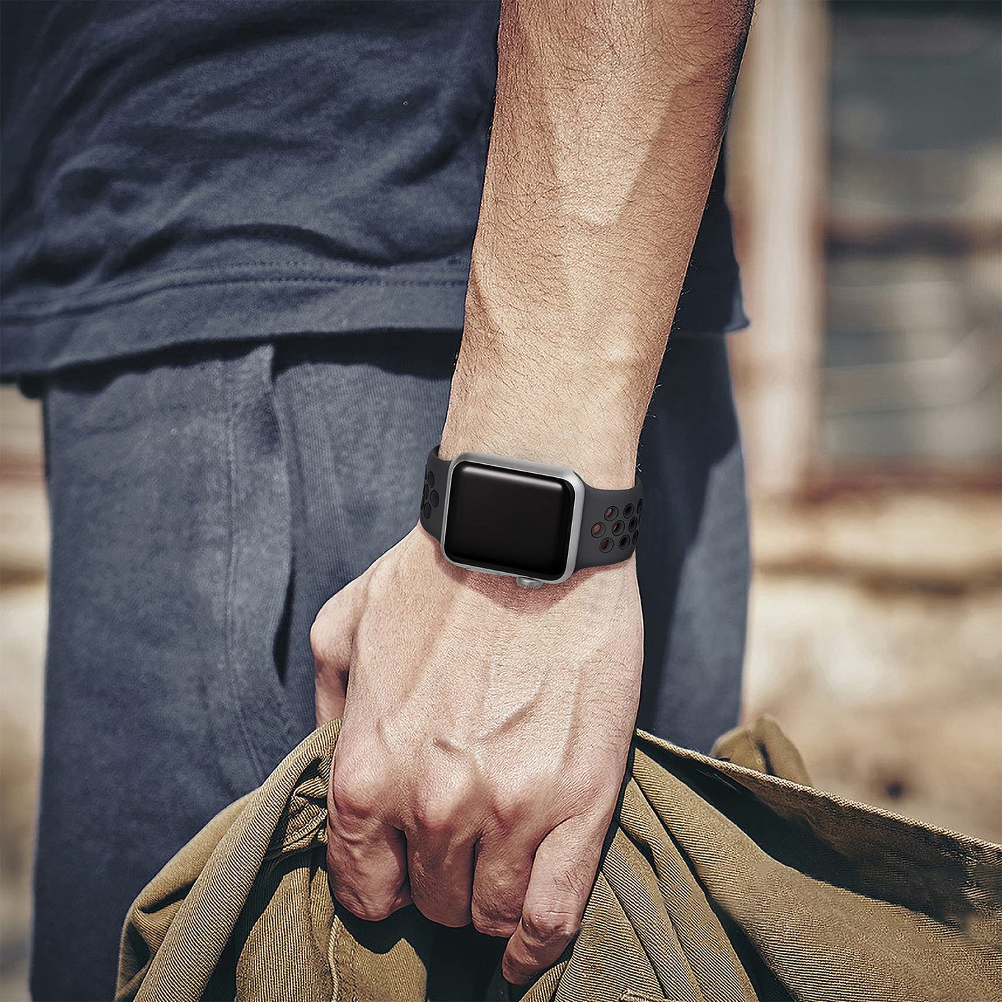 Apple Watch Silicone Sport Band Black — Soft Breathable Strap for Series 3-11, SE & Ultra 38mm-49mm
