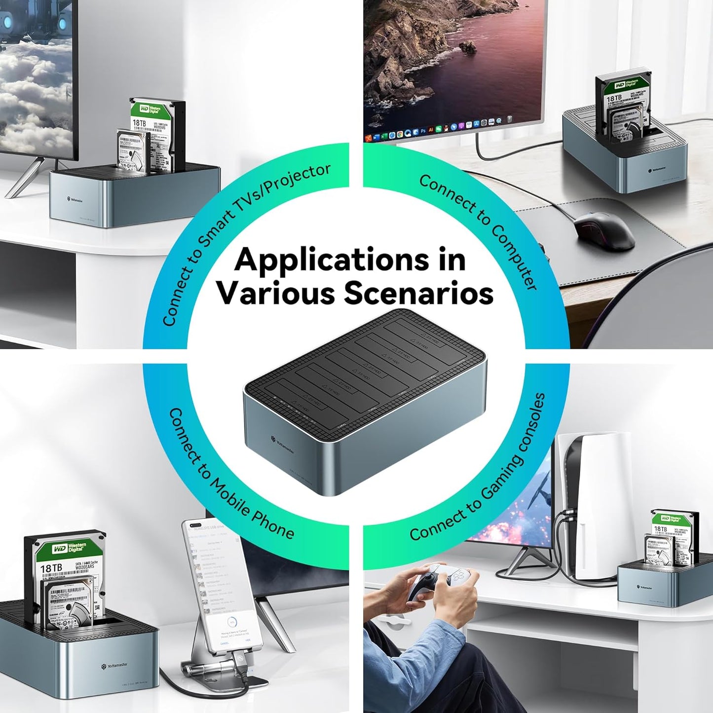 Yottamaster 5 Bay Hard Drive Docking Station Aluminum for 2.5''/3.5'' SATA SSD/HDD, USB 3.2 Gen1 Hard Drive Cloner Duplicator, Supports UASP and Up to 90TB (5x18TB) for 1-to-4 Offline Cloning (KB500)