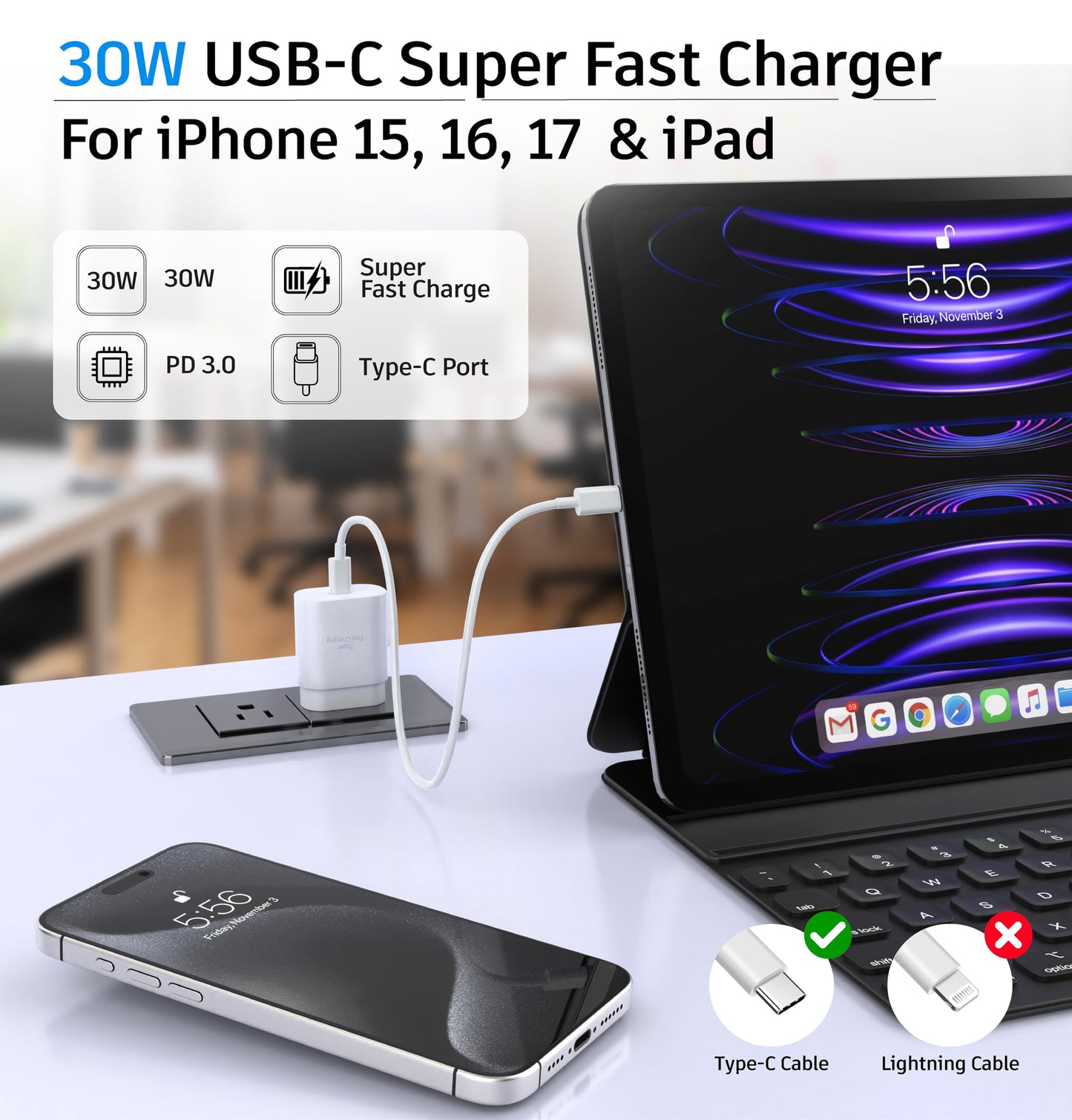 30W USB-C Fast Charging Block — PD Wall Charger Adapter for iPhone 17/17 Air/16/15/14/13/12/11, iPad, Samsung Galaxy S25/S24 & All Type-C Devices