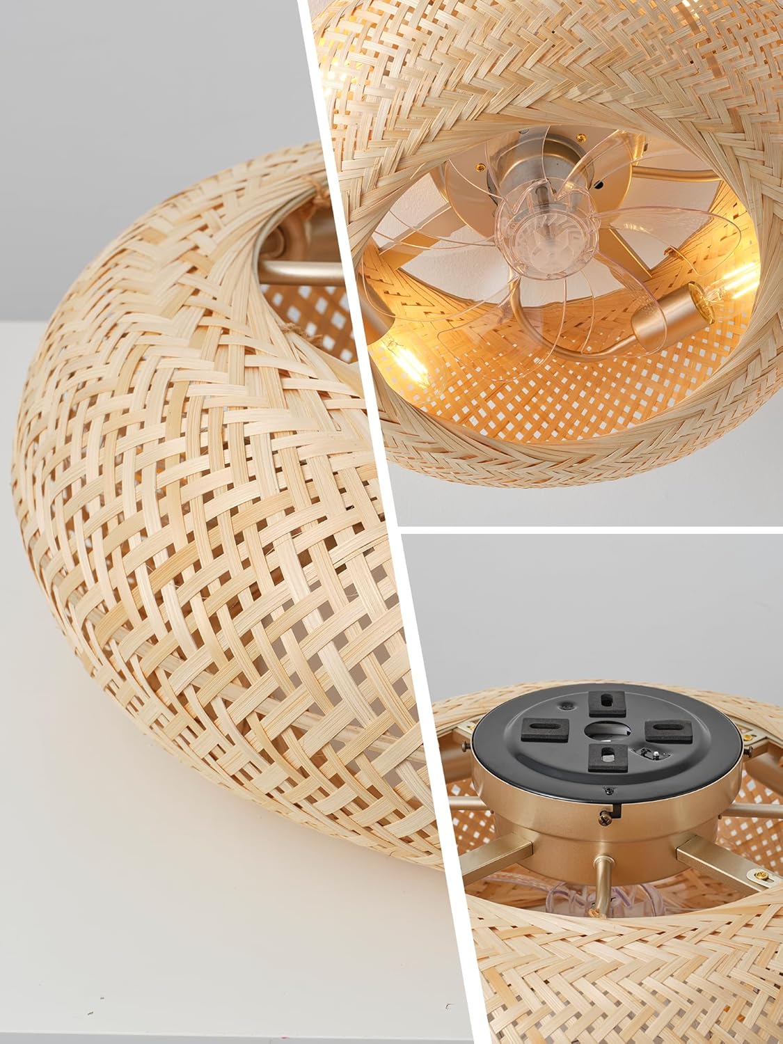 20in Boho Ceiling Fans with Lights,Rattan Caged Low Profile Ceiling Fan with Light,6 Speeds Timer Reversible DC Motor for Living Room Bedroom Dining Room
