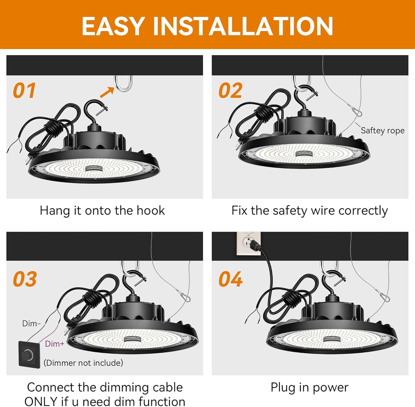 UFO LED High Bay Light 240W 36,000lm 0-10V Dimmable 5000K Daylight, High Bay LED Shop Light with US Plug 5’ Cable, Commercial LED Warehouse Lights, Factory Area Lighting Fixture