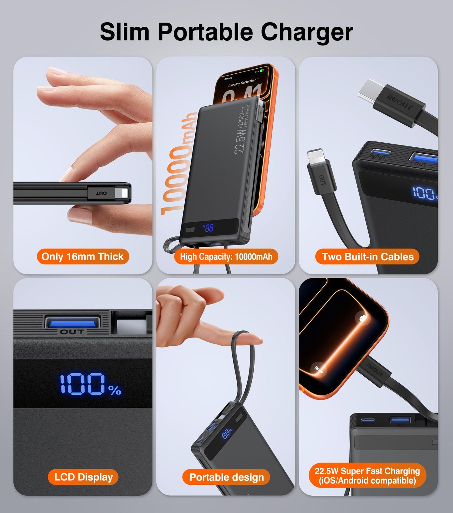 10000mAh Slim Power Bank w/ Built-In Cables – 22.5W PD Fast Charger for iPhone & Samsung