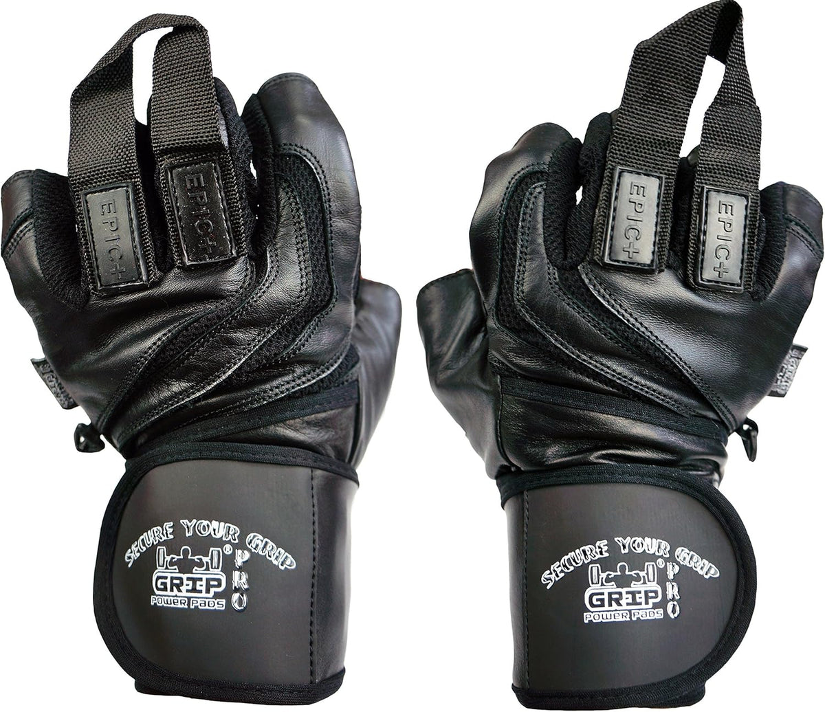 Epic Leather Gym Gloves with Built in 2" Wide Wrist Wraps Best Grip & Design for Weightlifting Power Lifting Bodybuilding & Strength Training Workout Exercises (Black, Medium 7 5/8" - 8")