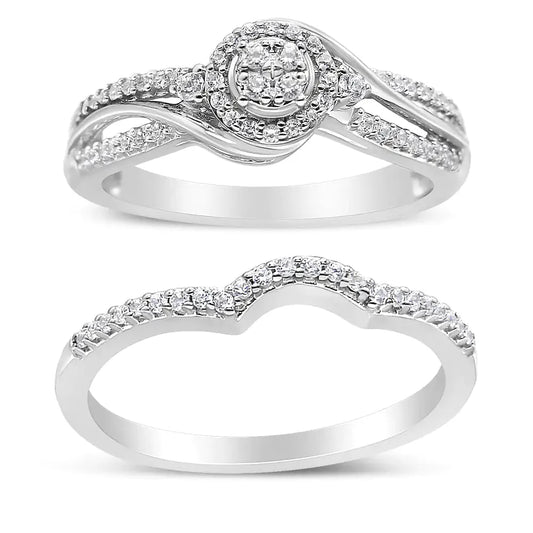 .925 Sterling Silver 1/3 Cttw Composite Diamond Frame Bypass Bridal Set Ring and Band (I-J Color, I2-I3 Clarity)