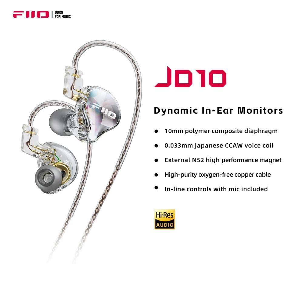 FiiO JD10 Wired Earphones HIFI Stereo Bass Music Earbuds In Ear Sport Headphones Gaming Headset
