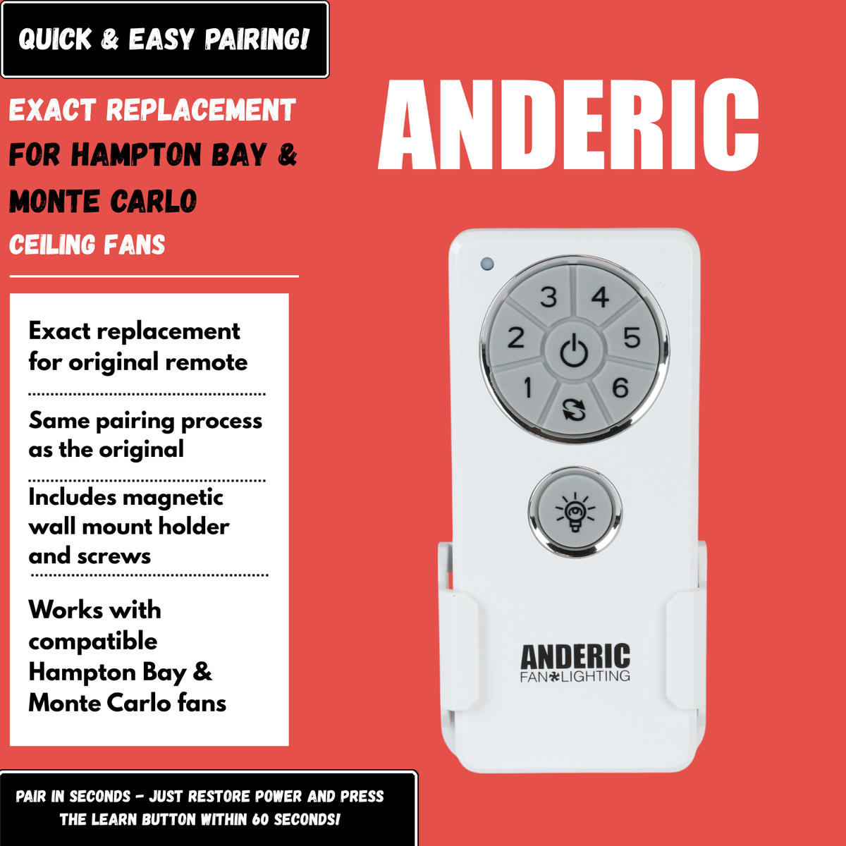 Anderic DC1 Replacement Ceiling Fan Remote Control for Hampton Bay, Monte Carlo, and others