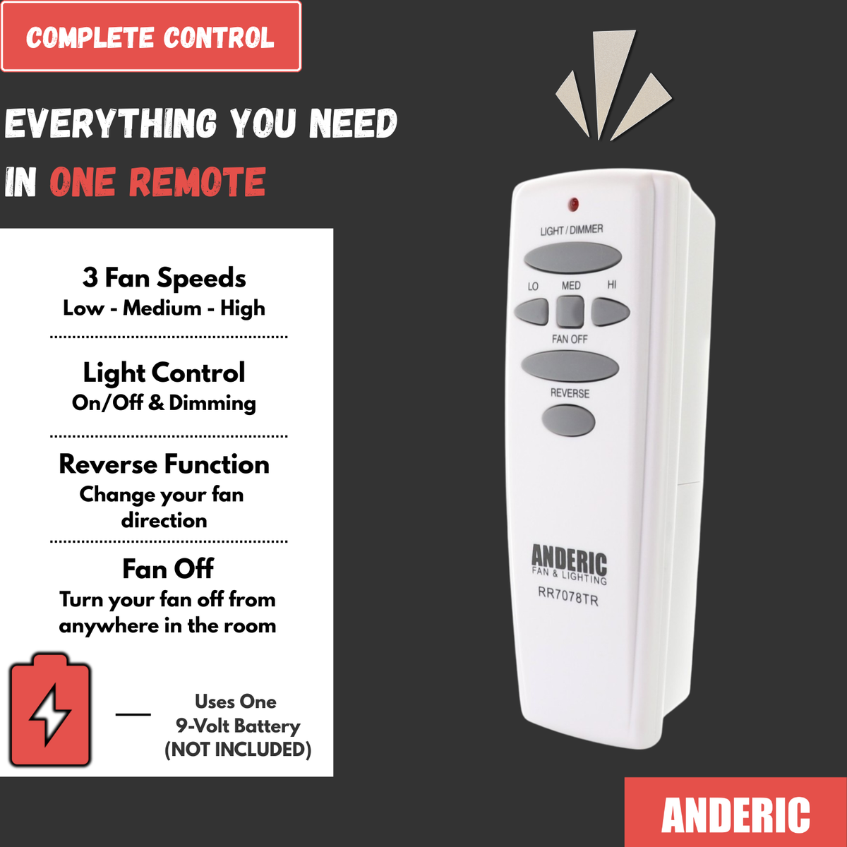 Anderic RR7078TR with Reverse Ceiling Fan Remote Control for Hampton Bay | UC7078T | CHQ7078T