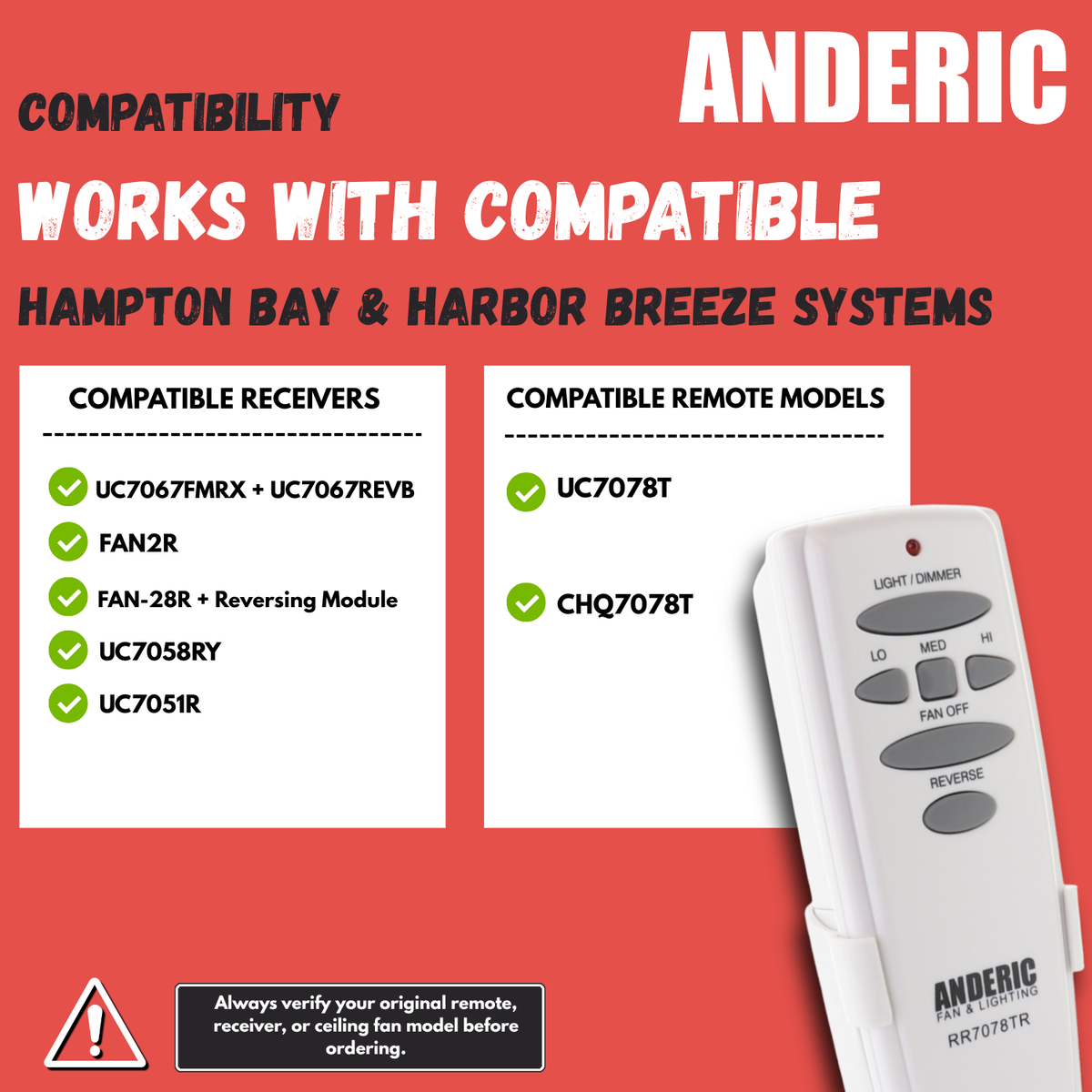Anderic RR7078TR with Reverse Ceiling Fan Remote Control for Hampton Bay | UC7078T | CHQ7078T