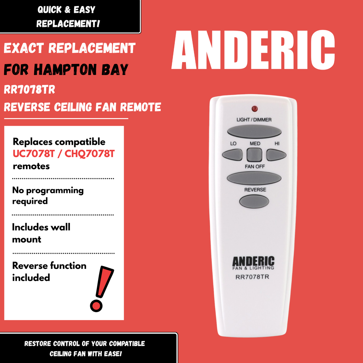 Anderic RR7078TR with Reverse Ceiling Fan Remote Control for Hampton Bay | UC7078T | CHQ7078T