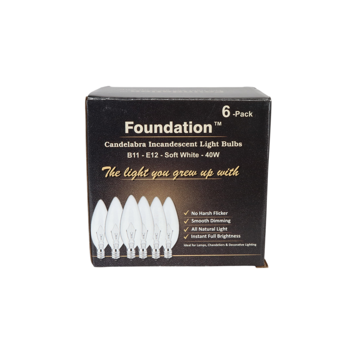 Foundation™ 40-Watt Full Spectrum Incandescent Dimmable Light Bulb - 3000K Soft White, E12 Candelabra Base, Torpedo - 6-Pack