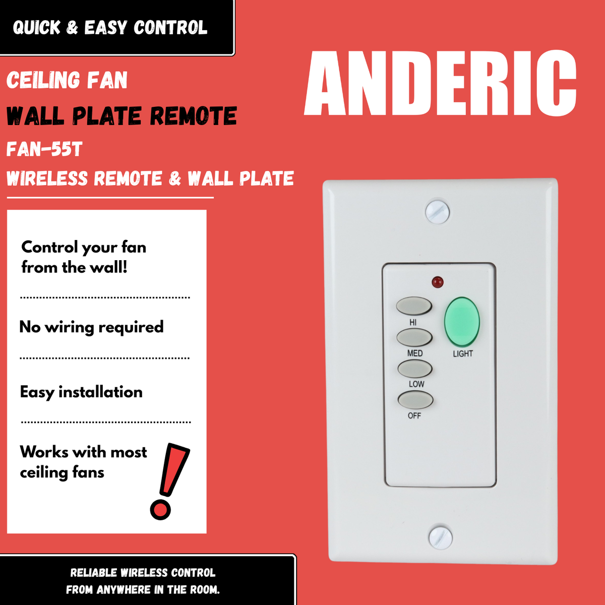 Anderic FAN-55T Wireless Wall Plate Ceiling Fan Remote Control for Fan28R Receiver | 304 MHz | 2AAZPFAN55T- FAN55T