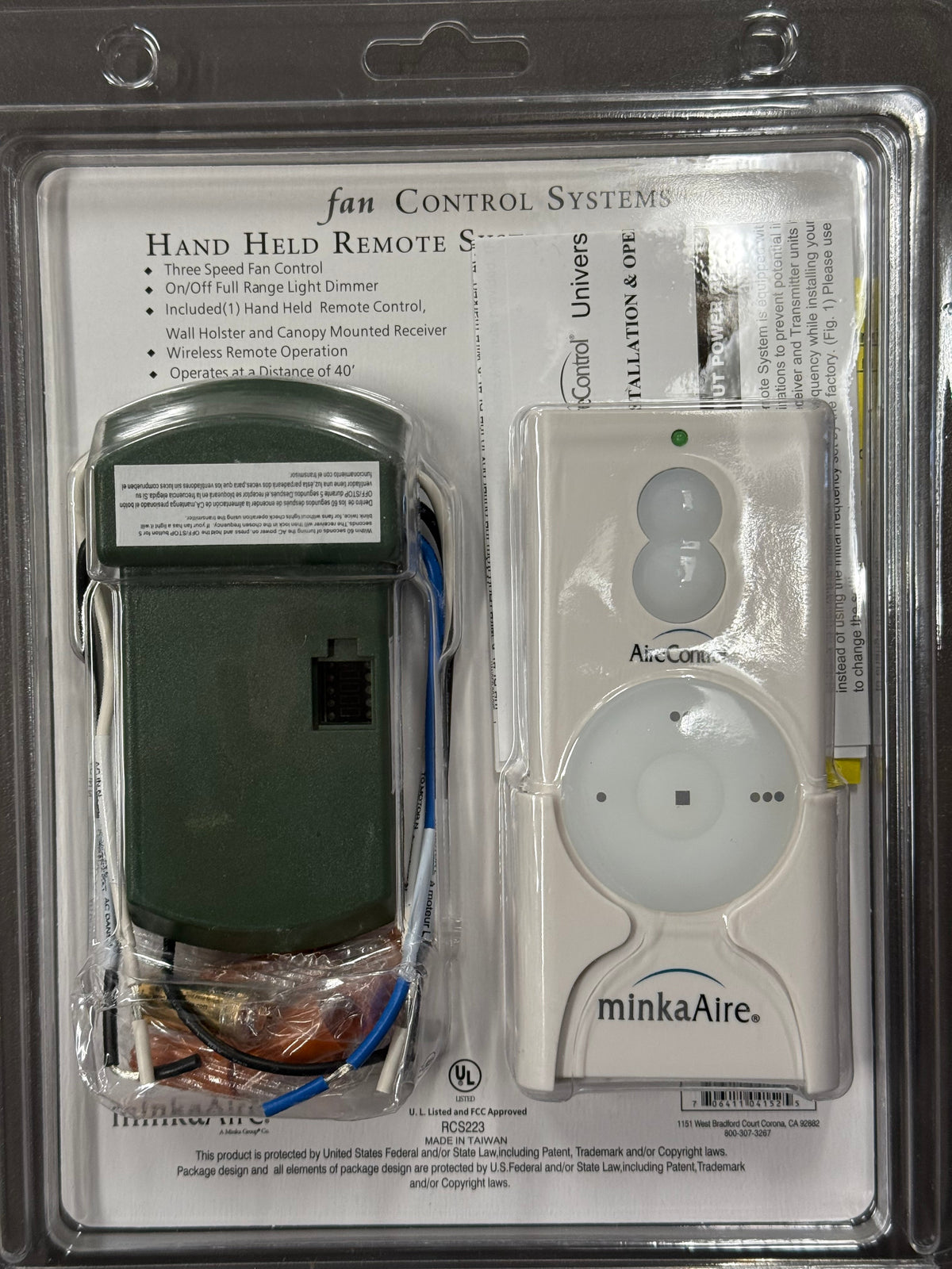 Minka-Aire AireControl 3 Speed Universal 256 Bit Handheld Ceiling Fan Remote Control for LED with Receiver Kit - White - RCS223