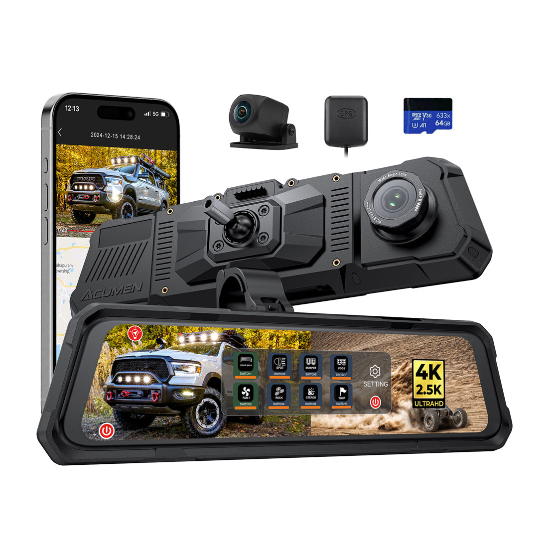 The Legend 2ch Waterproof Rear View Mirror Dash Cam with 4K Front and 2.5K Rear Cameras