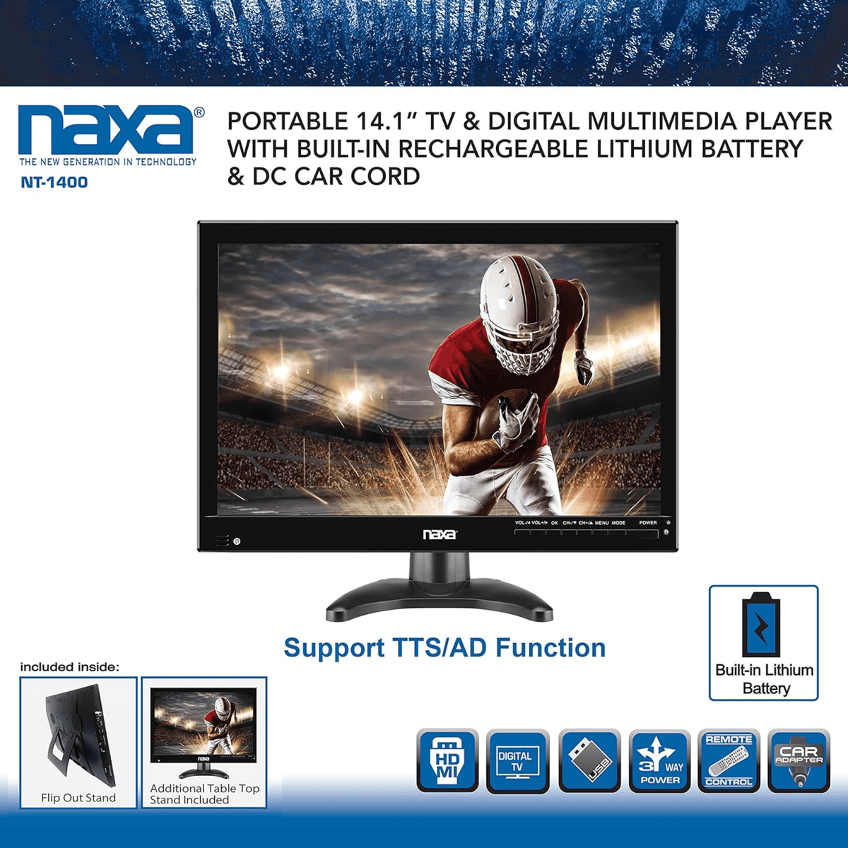 Naxa Portable 14.1" 12 Volt ACDC TV and Digital Multimedia Player with Built-in Rechargeable Lithium Battery & DC Car Cord