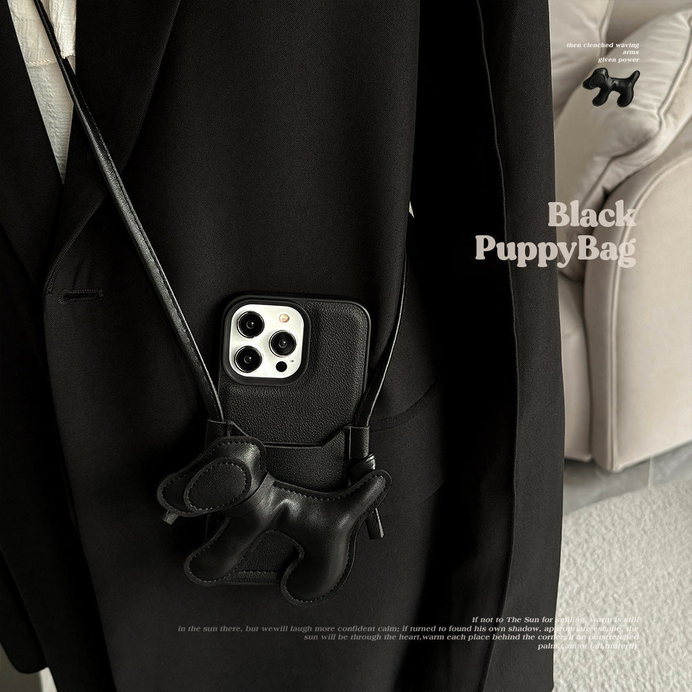 Black DIY puppy oblique span card bag for iPhone 16 mobile phone case iPhone17Pro max Internet celebrity 13 leather 15