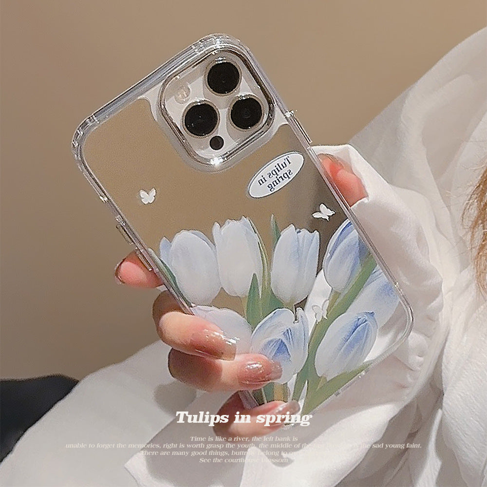 Temperament gentle blue tulip iphone16 for 17promax apple 15 mobile phone case flower makeup mirror 11 hard