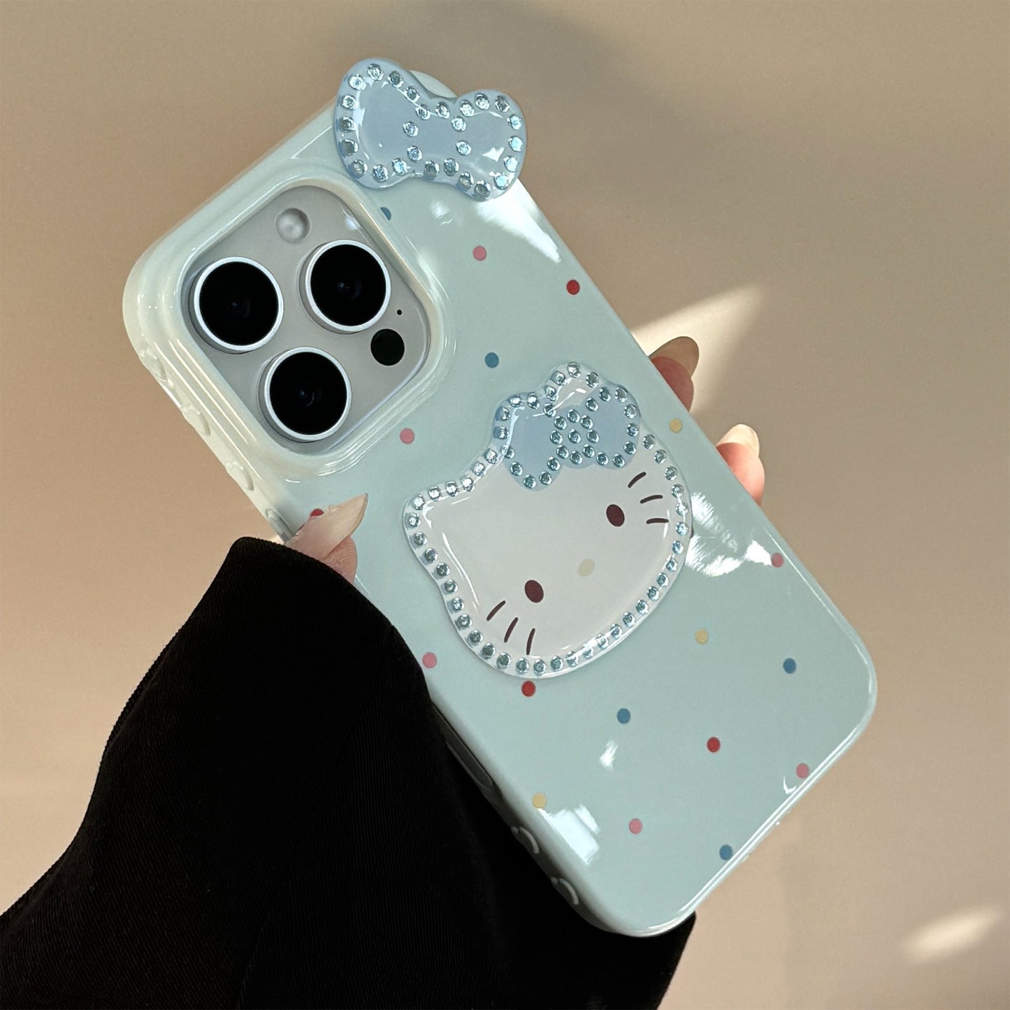 Three-dimensional gilt is suitable for 17promax Apple 16 mobile phone case iphone14 color polka dot bow cat 13 pendant.