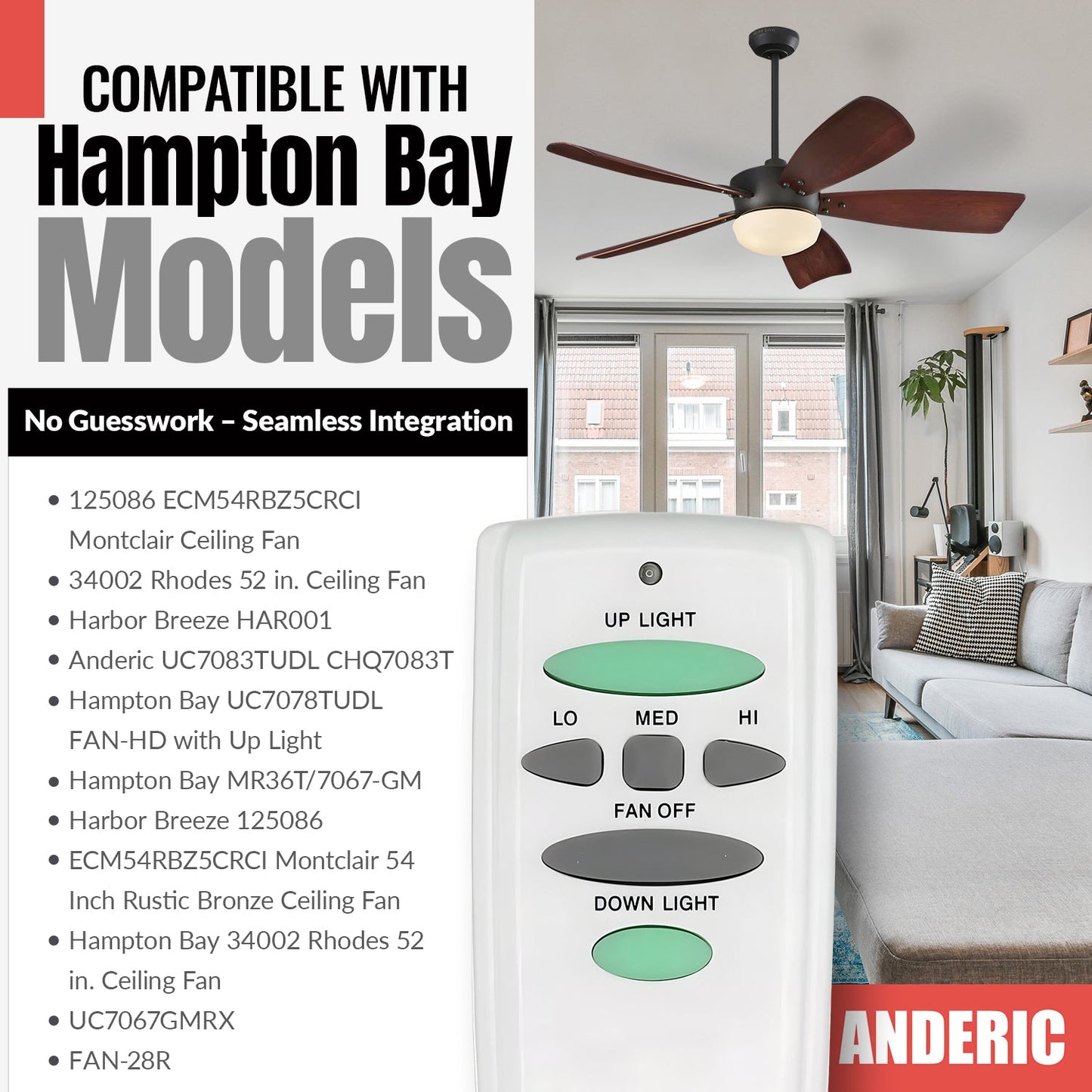 Anderic RR7078TUDL (UC7078T) Ceiling Fan Remote Control for Hampton Bay | CHQ7078T | Up Light | Down Light