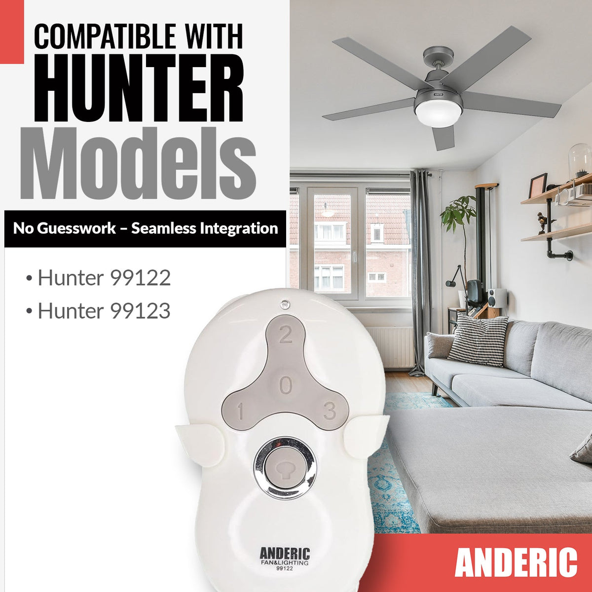 Hunter 99123 / K0474-02 / IN2TX41 Universal 3 Speed Ceiling Fan Remote Control - 99123