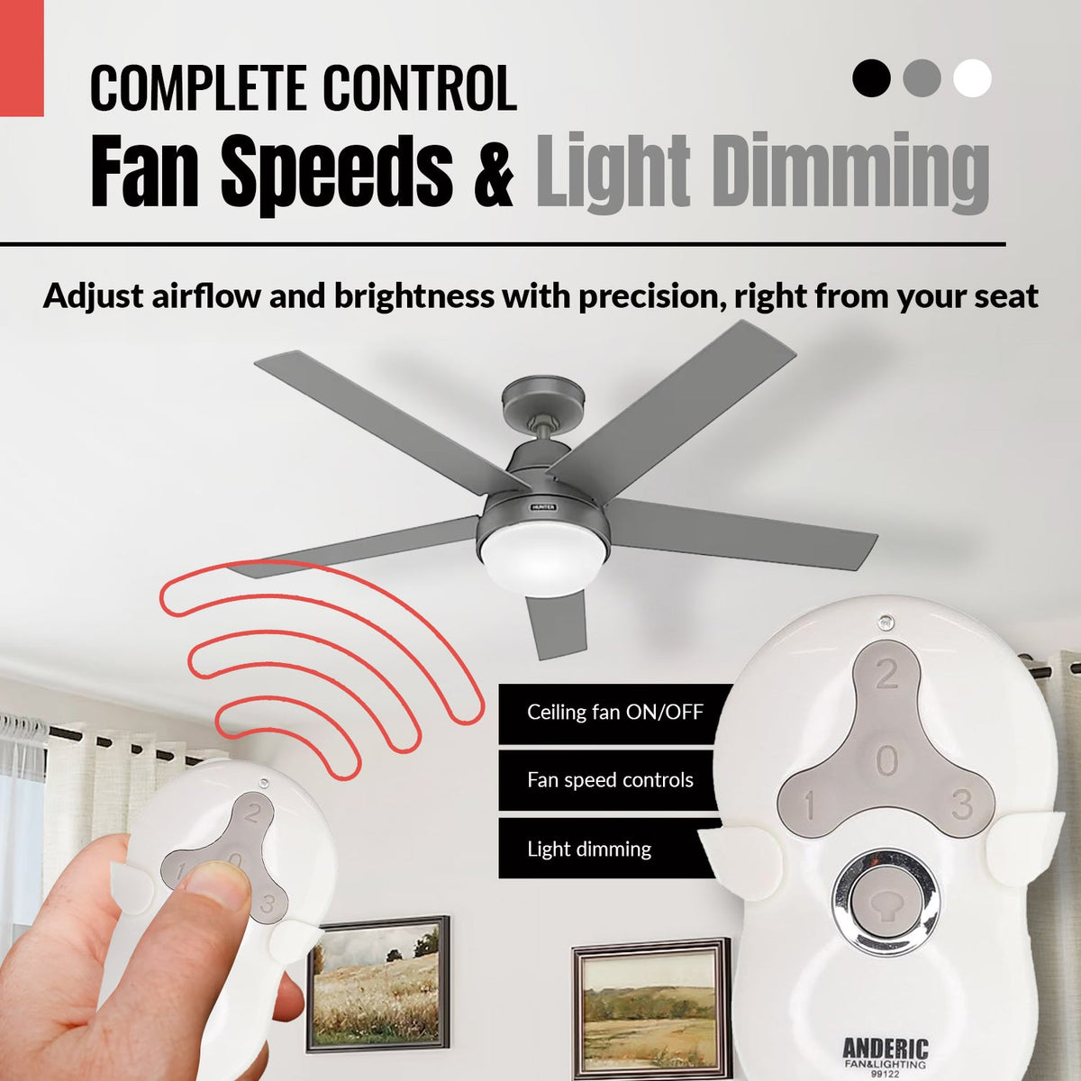 Hunter 99123 / K0474-02 / IN2TX41 Universal 3 Speed Ceiling Fan Remote Control - 99123