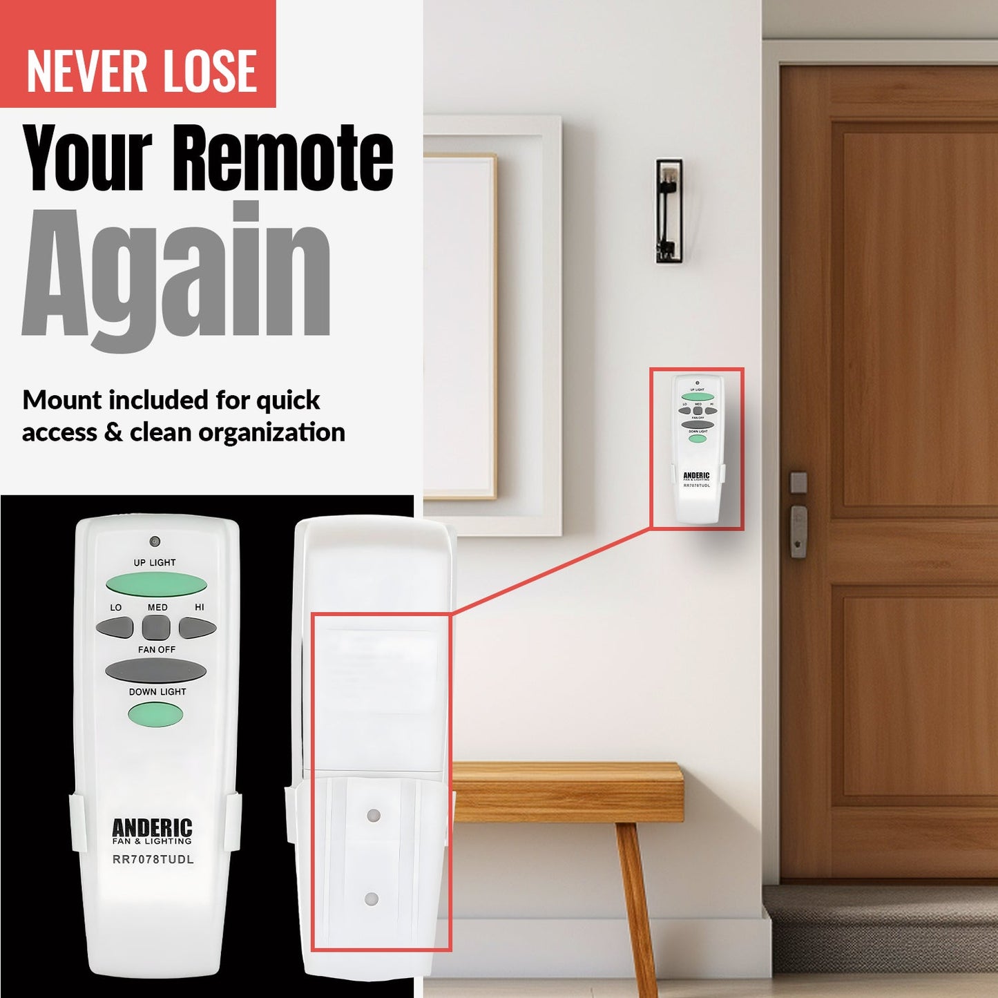 Anderic RR7078TUDL (UC7078T) Ceiling Fan Remote Control for Hampton Bay | CHQ7078T | Up Light | Down Light