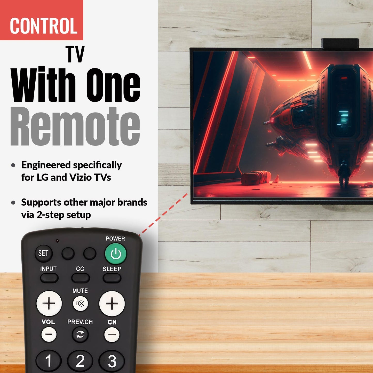 Anderic RR1001 1-Device Universal TV Remote Control with Large Keys for Hospitality