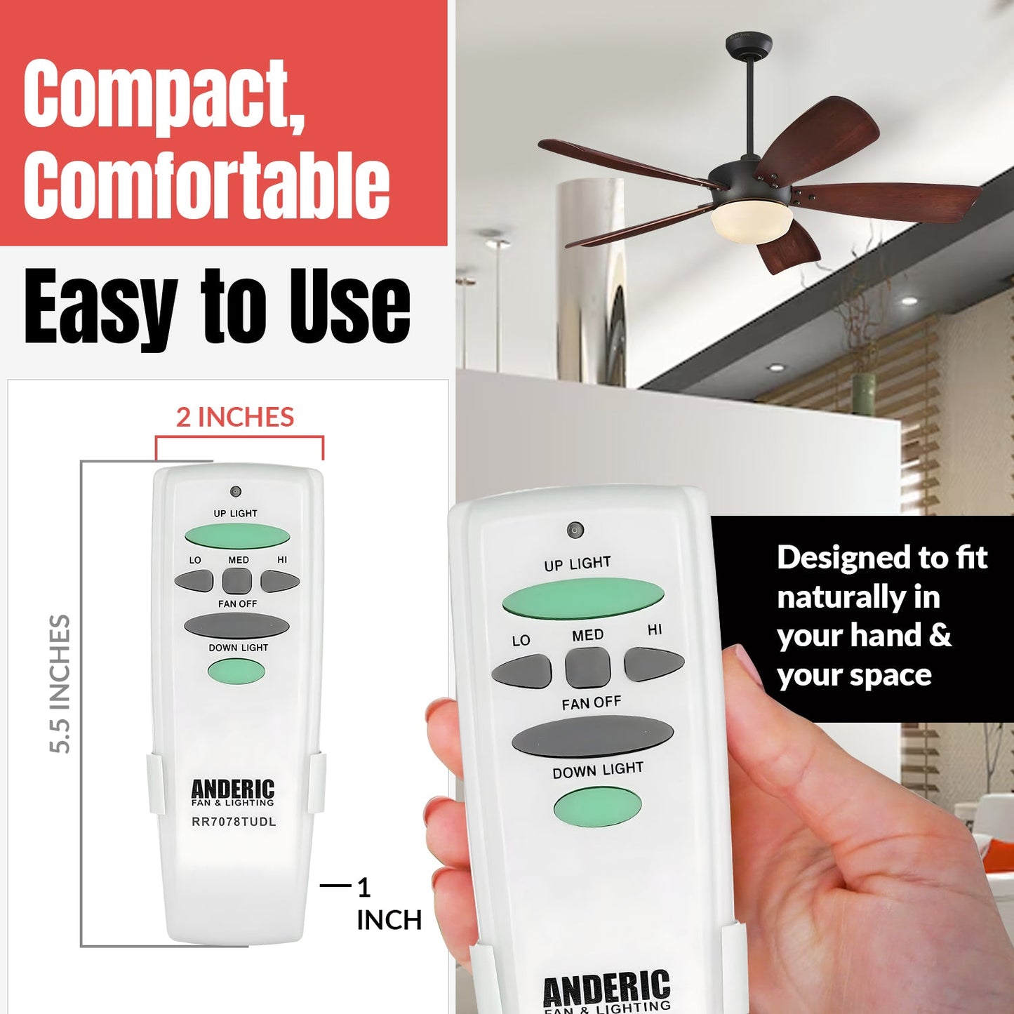 Anderic RR7078TUDL (UC7078T) Ceiling Fan Remote Control for Hampton Bay | CHQ7078T | Up Light | Down Light