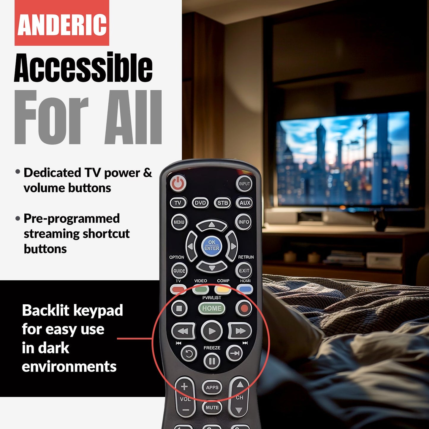 Anderic RR0777S Universal 4-Device Remote Control for Pre-programmed for Panasonic Smart TVs with Learning and Backlight | N2QAYB000777S