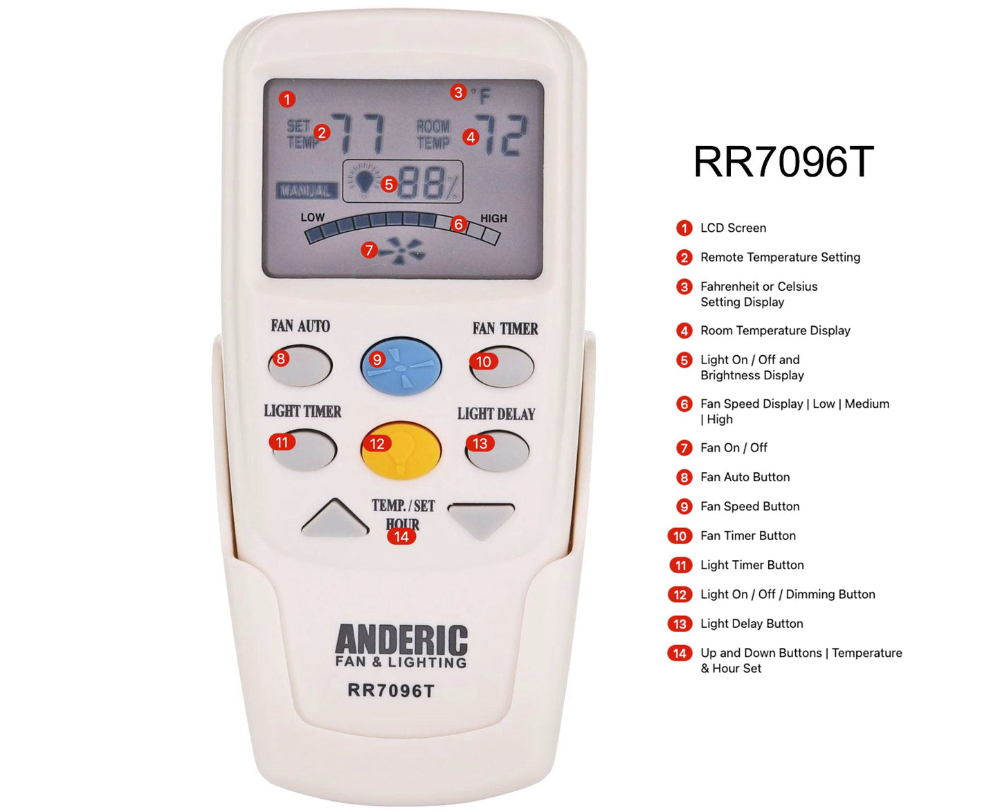 Anderic RR7096T Thermostatic Ceiling Fan Remote Control with Fan Timer Key | CHQ7096T, CHQ8BT7096T
