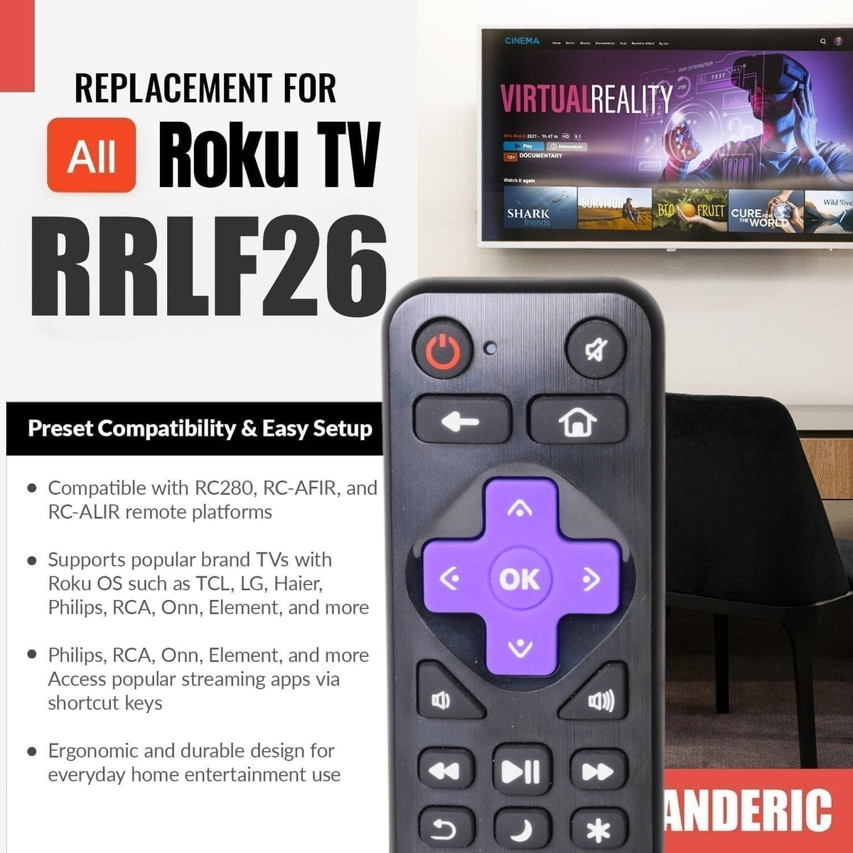 Substitute for RCA RC-ALIR 2022 ROKU TV Remote Control - 3226001268 (RRLF26)