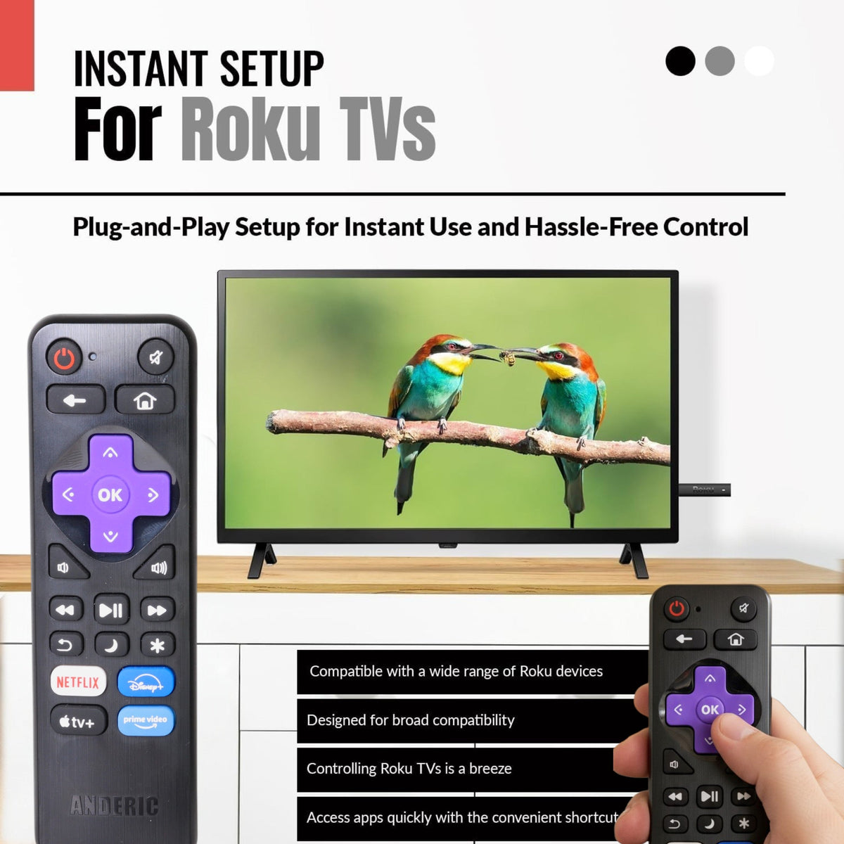 [3-PACK] Anderic RRLF26 (No Programming Needed) Replacement Remote Control for most Roku TVs such as ONN, Hisense, Philips, TCL, Hiro