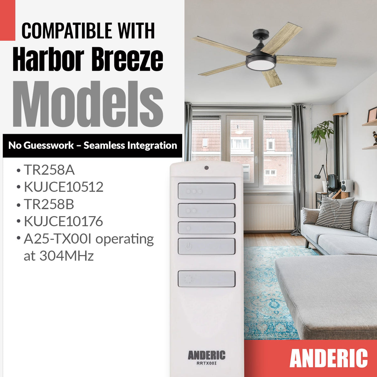 Anderic Boltz I & II Replacement Ceiling fan Kit for Harbor Breeze | MR173B Receiver, A25-TX00i Remote - RRTX00I-RRMR173B-KIT