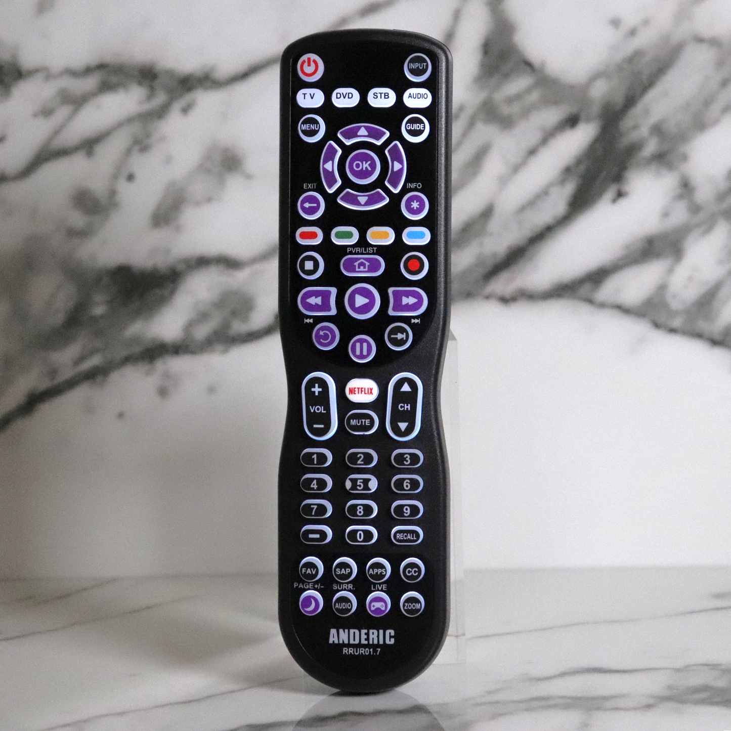 Anderic RRUR01.7 4-Device Universal Remote Control for Roku Streaming Players & Roku TV's with Backlighting, Learning, and Macro