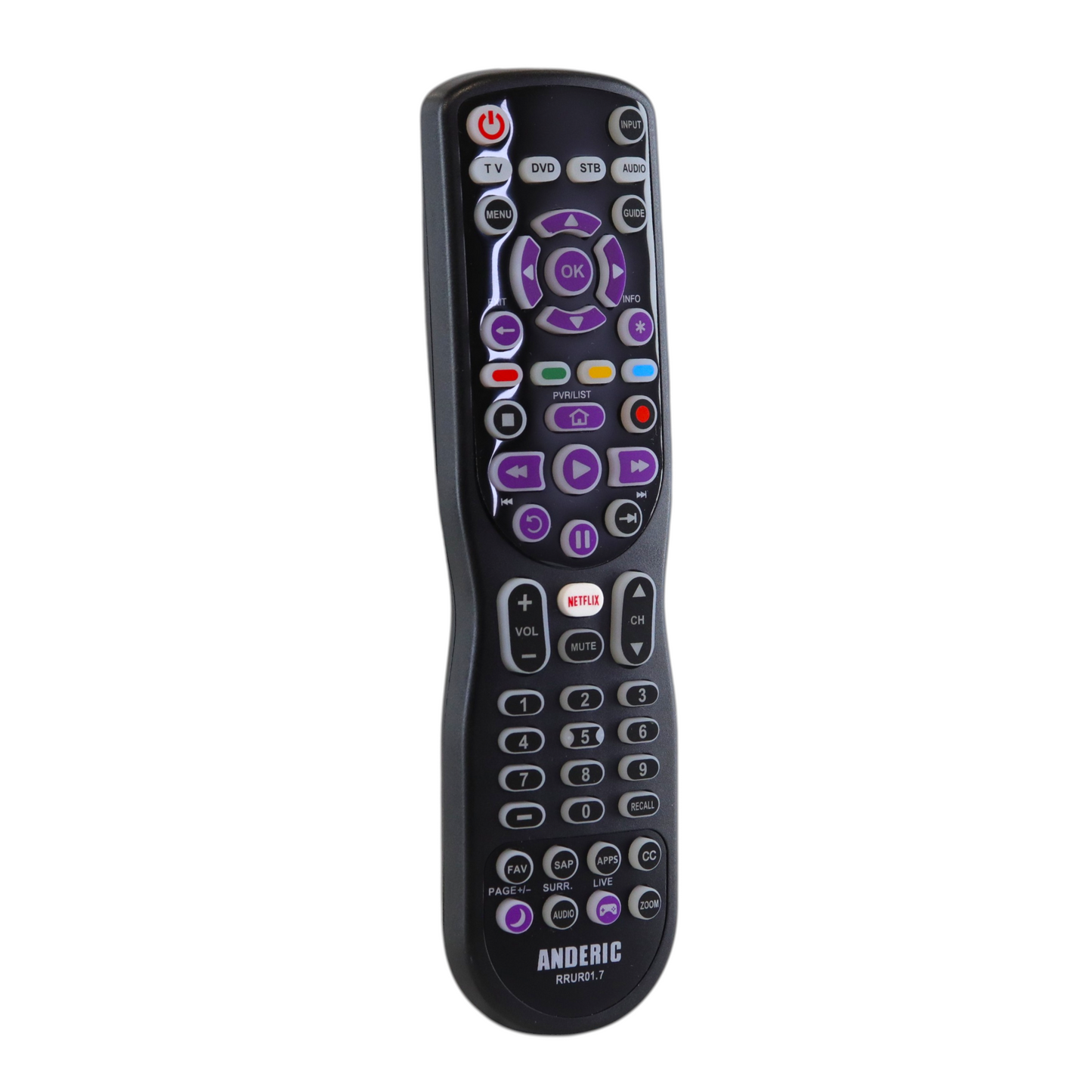 Anderic RRUR01.7 4-Device Universal Remote Control for Roku Streaming Players & Roku TV's with Backlighting, Learning, and Macro
