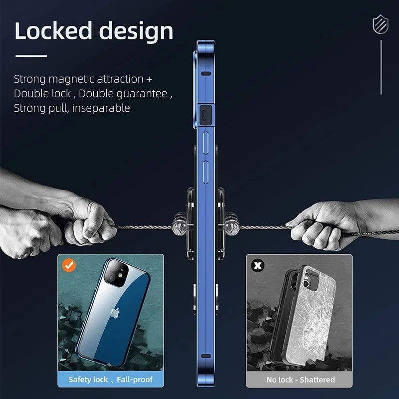 360° Degree Protection Privacy Metal Double Sided Glass Case For iPhone16 14 15 Pro Max Lens Protection Double Buckle Lock Cover
