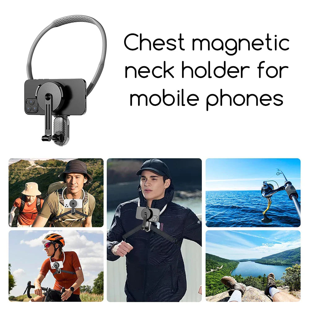 Magnetic Neck Holder Mount for Actions Cameras/Phones 360 Degree Adjustables Angle Neck Phone Mount for Vlogging