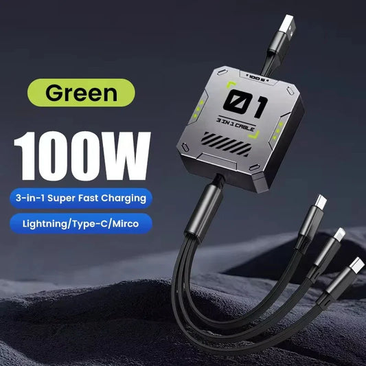 3 In 1 Retractable Phone Data Cable Type C Usb 100W Fast Charging Cable Suitable For iphone Huawei Xiaomi Android Micro