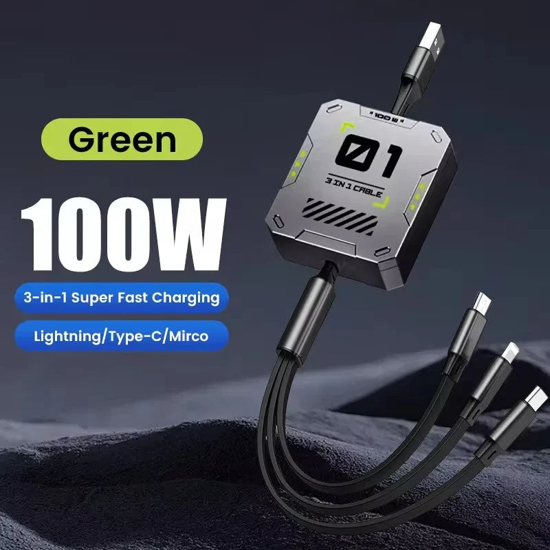 3 In 1 Retractable Phone Data Cable Type C Usb 100W Fast Charging Cable Suitable For iphone Huawei Xiaomi Android Micro