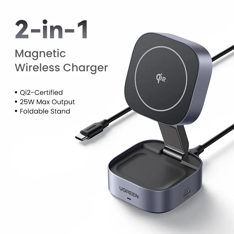 UGREEN Qi2 25W Magnetic Wireless Charger Stand 2-in-1 Charging Stand For iPhone 15 16 Pro Max/AirPods For MagSafe Fast Charger