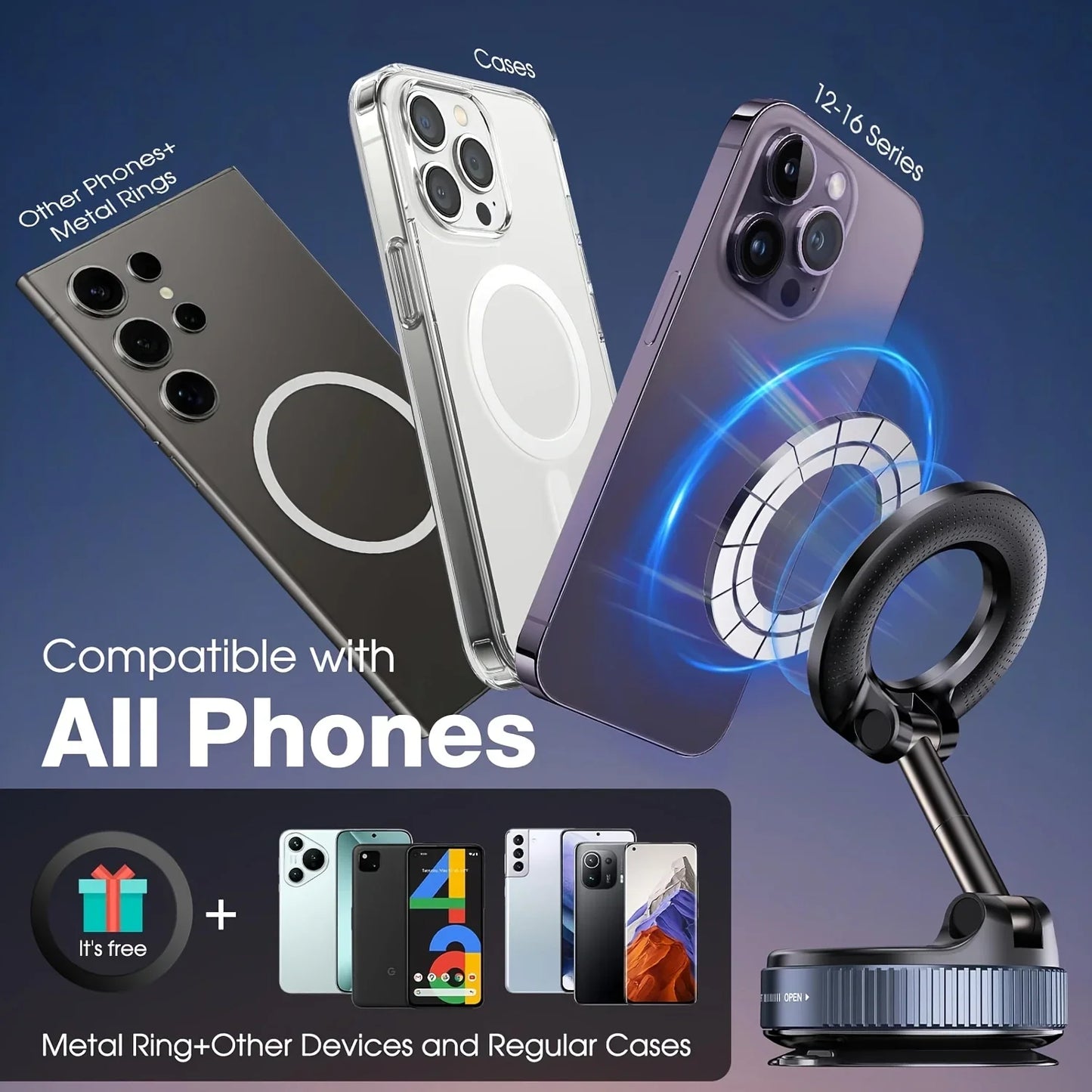 Vacuum magnetic phone holder, Magsafe suction cup phone holder, 360 ° adjustable magnetic phone holder, pocket sized foldable