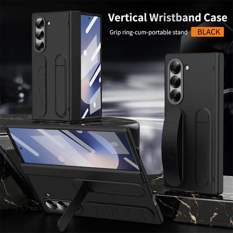 Wristband Holder Hinge Phone Case For Samsung Galaxy Z Fold 7 6 5 4 3 With Pen Slot & S Pen Screen Protector Film Protect Cover
