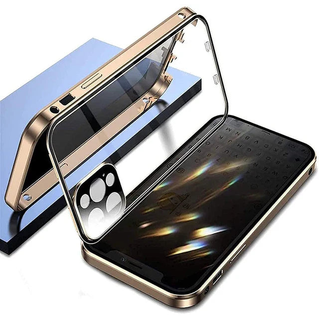 360° Degree Protection Privacy Metal Double Sided Glass Case For iPhone16 14 15 Pro Max Lens Protection Double Buckle Lock Cover