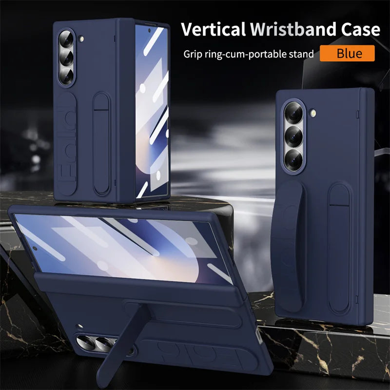Wristband Holder Hinge Phone Case For Samsung Galaxy Z Fold 7 6 5 4 3 With Pen Slot & S Pen Screen Protector Film Protect Cover