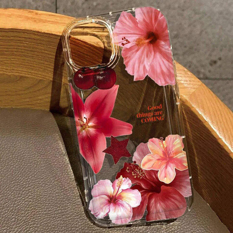 Cherry Flower Print Clear Case For iPhone 16 15 14 13 Pro Max 11 12 Mini X XR XS Max 7 8 Plus SE2 Stylish Shockproof Soft Cover